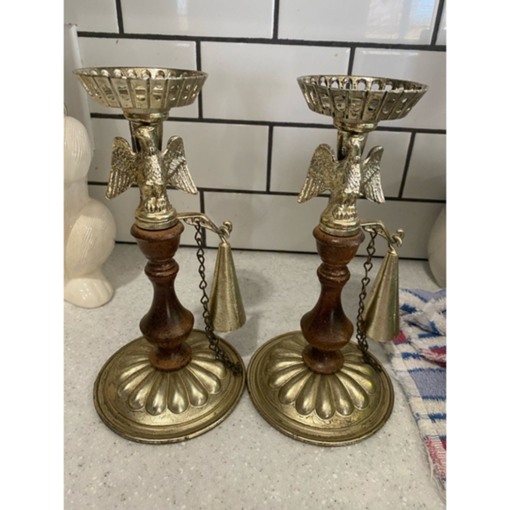 Vintage Metal and Wood Eagle Candleholders